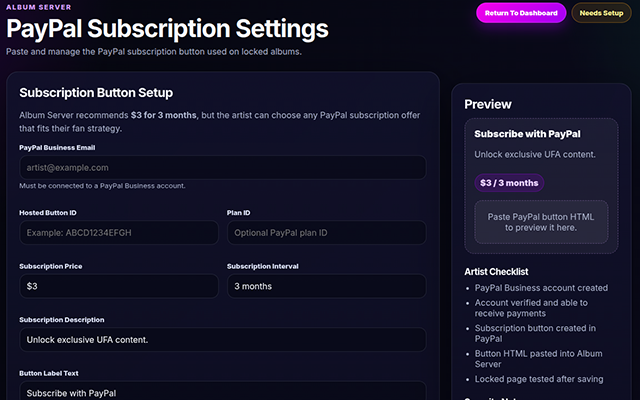 Album Server - PayPal Settings Screen